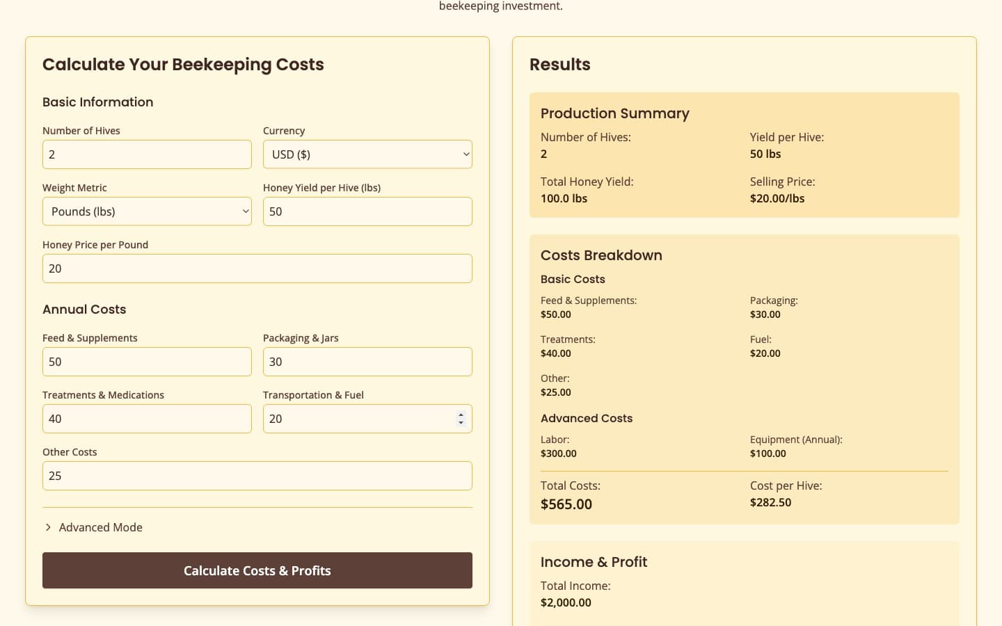 BuzzWise beekeeping cost calculator with inputs on the left and a live results panel showing total costs, cost per hive, and projected income on the right
