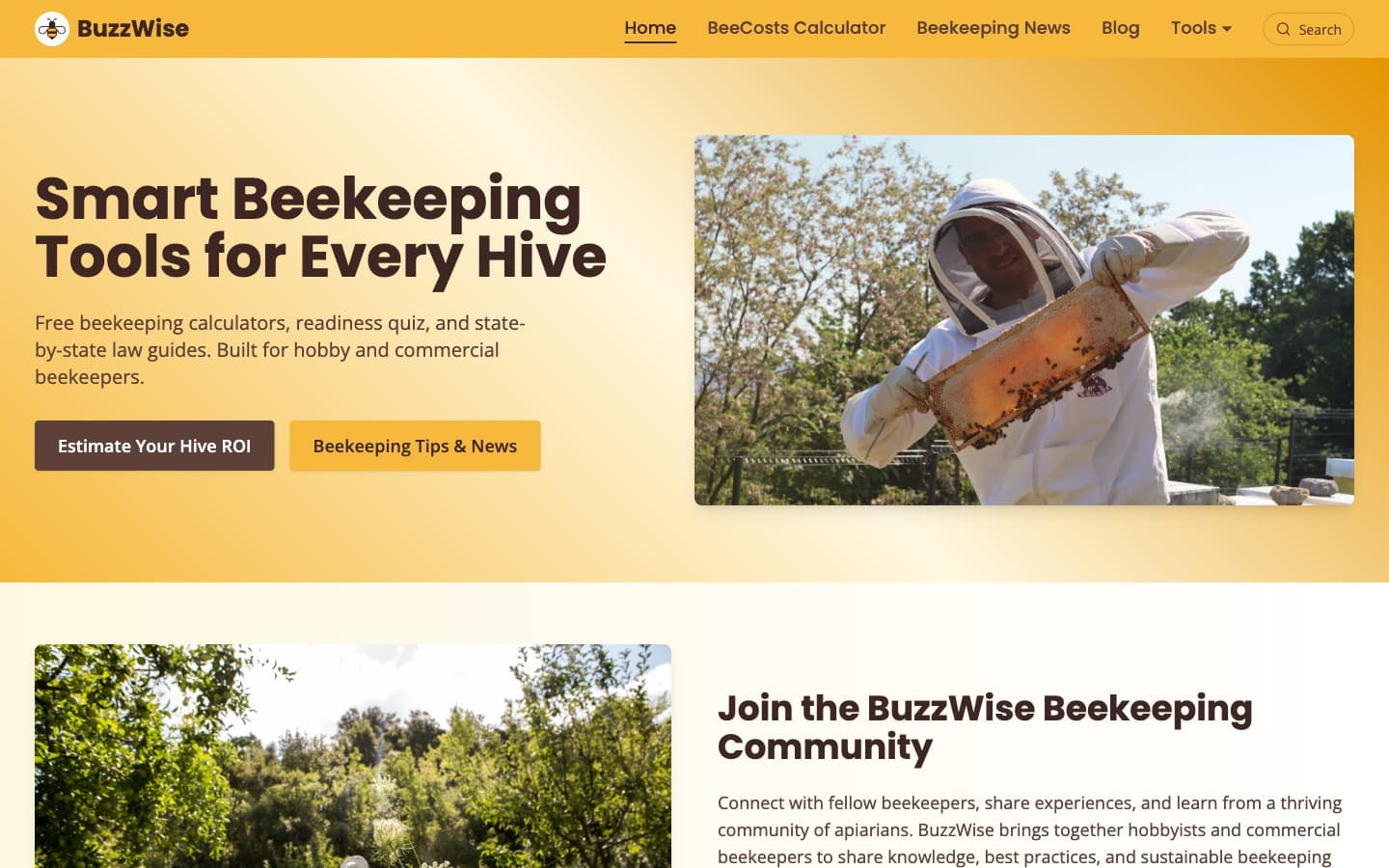 BuzzWise home page — Smart Beekeeping Tools for Every Hive, with free calculators, a readiness quiz, and state-by-state law guides
